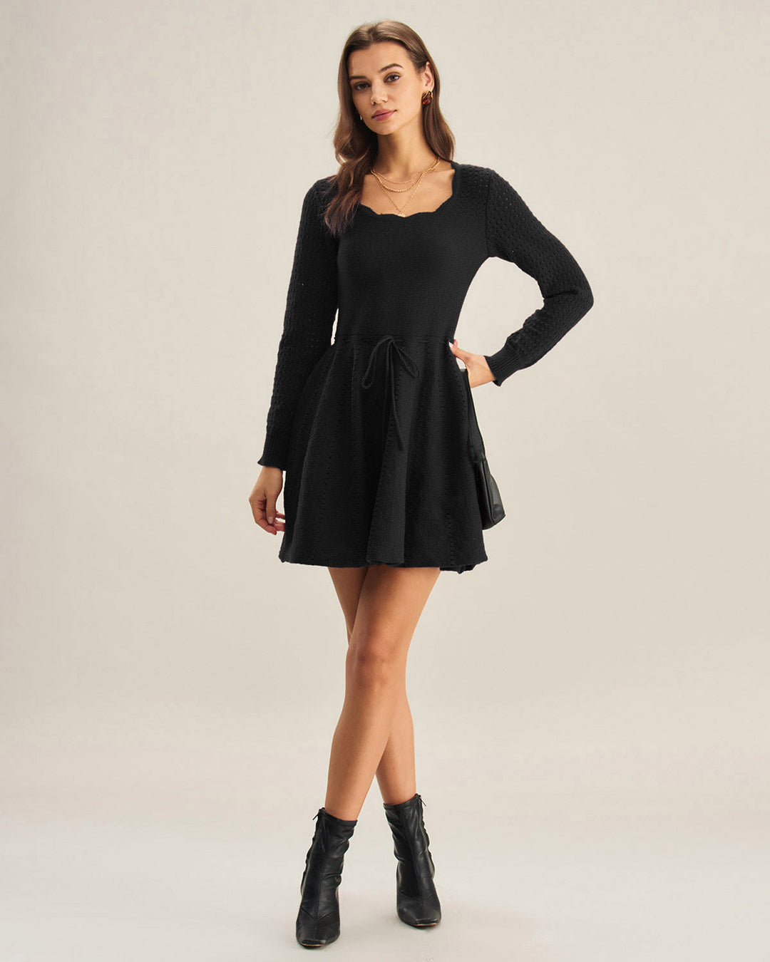 Black Scalloped A-Line Sweater Dress
