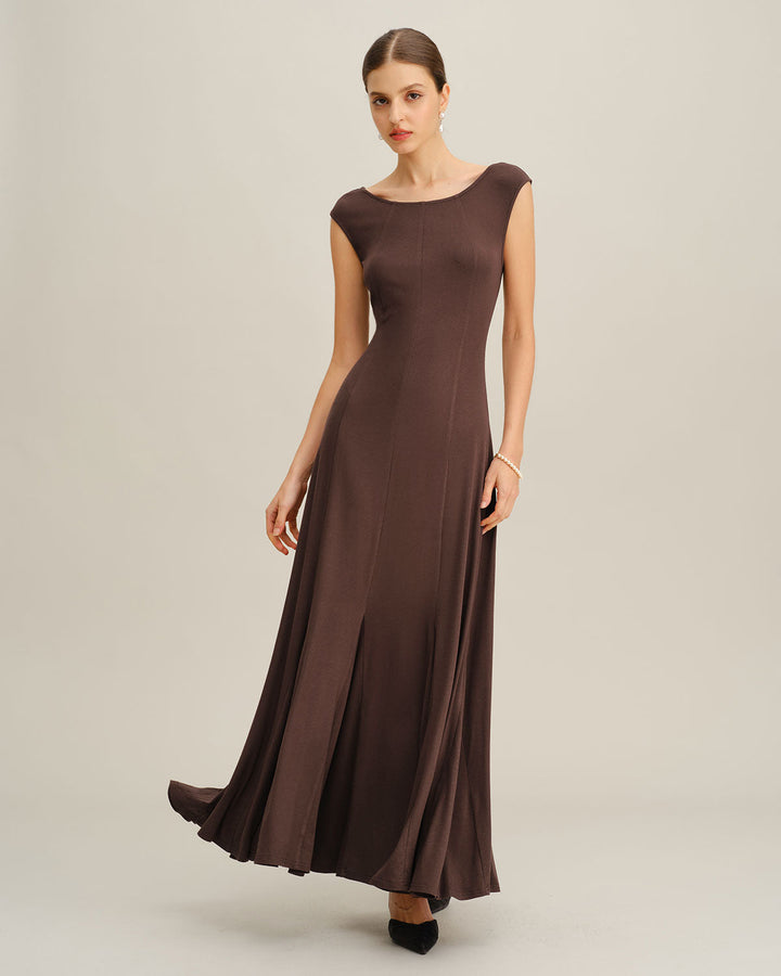 Coffee Boat Neck Knit Maxi Dress