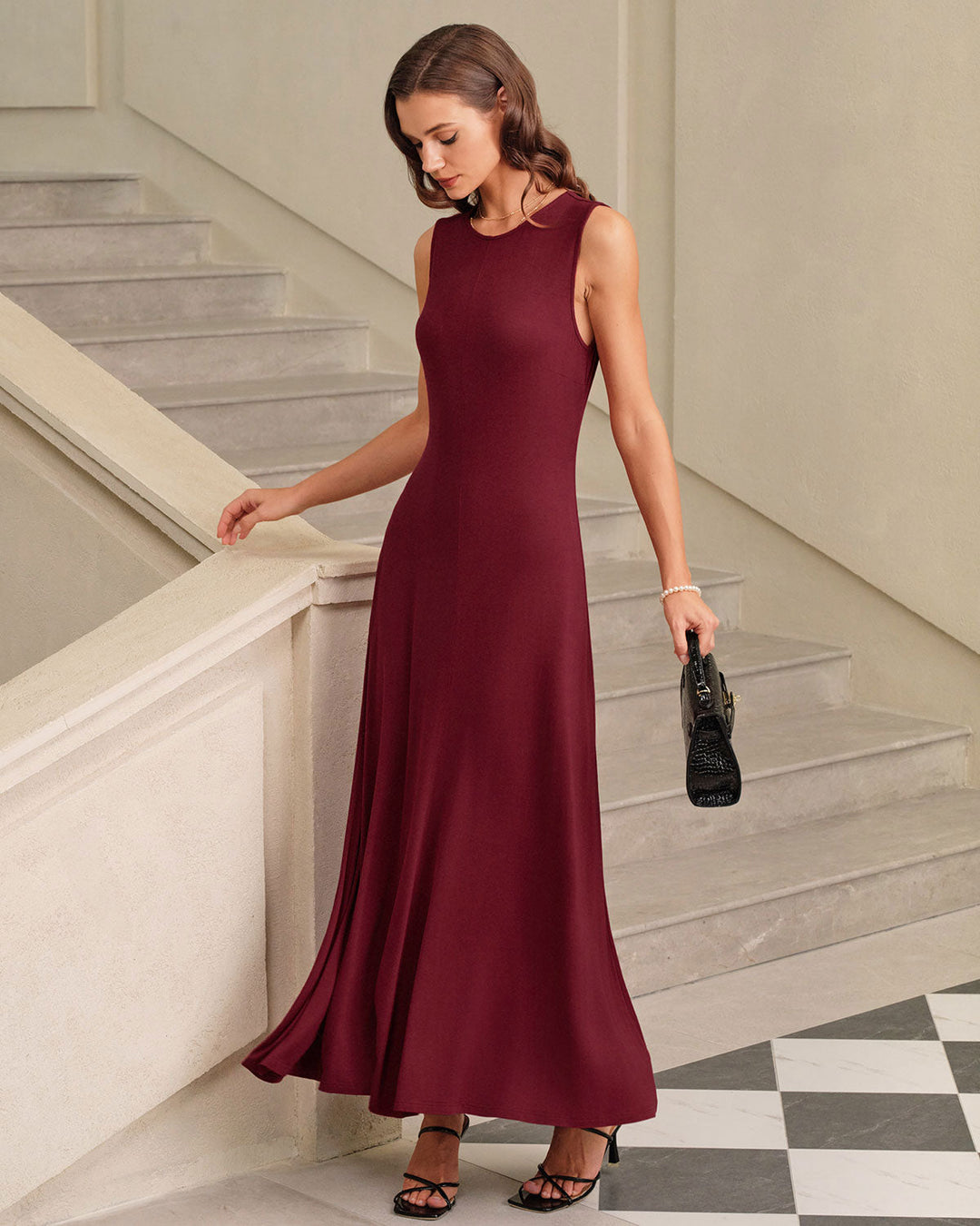 Red Round Neck A-Line Sleeveless Maxi Dress