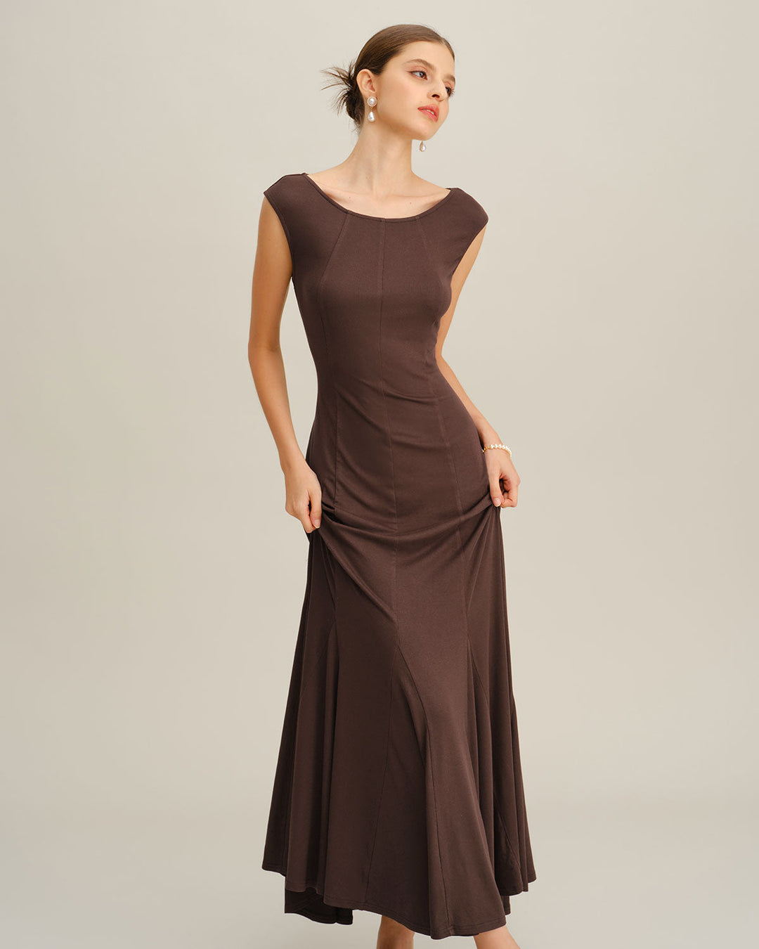 Coffee Boat Neck Knit Maxi Dress