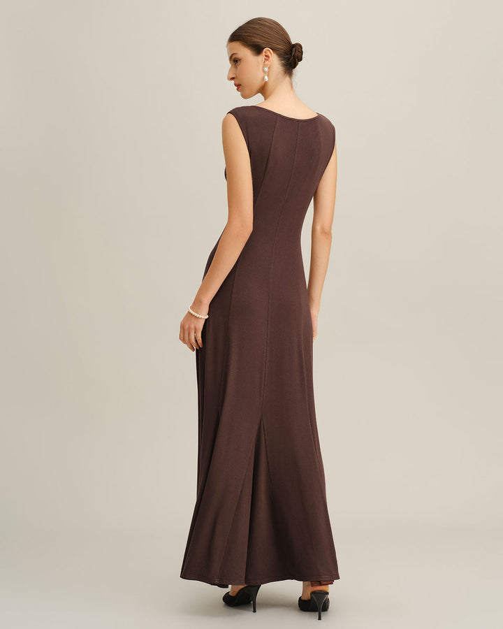 Coffee Boat Neck Knit Maxi Dress