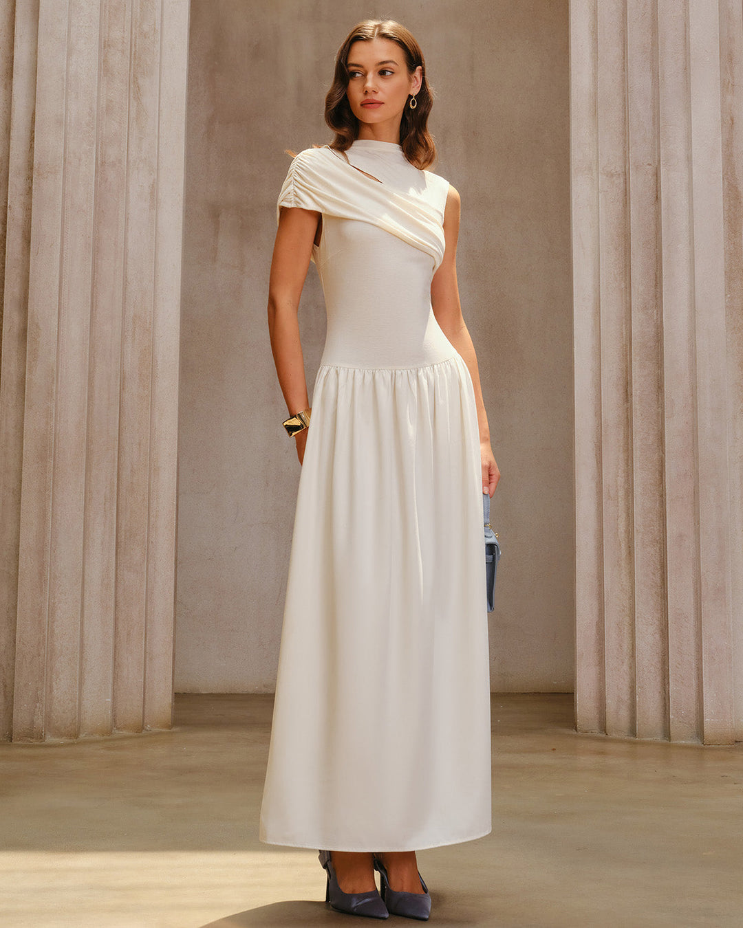 Beige Ruched Cap Sleeve Maxi Dress