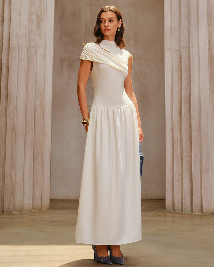 Beige Ruched Cap Sleeve Maxi Dress