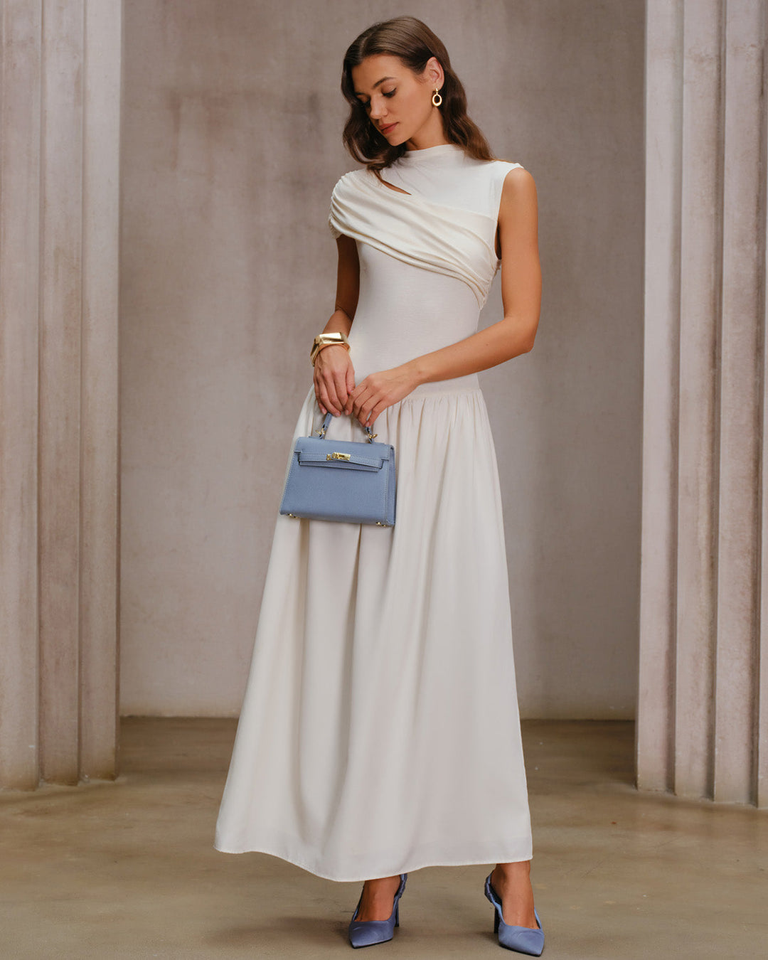 Beige Ruched Cap Sleeve Maxi Dress