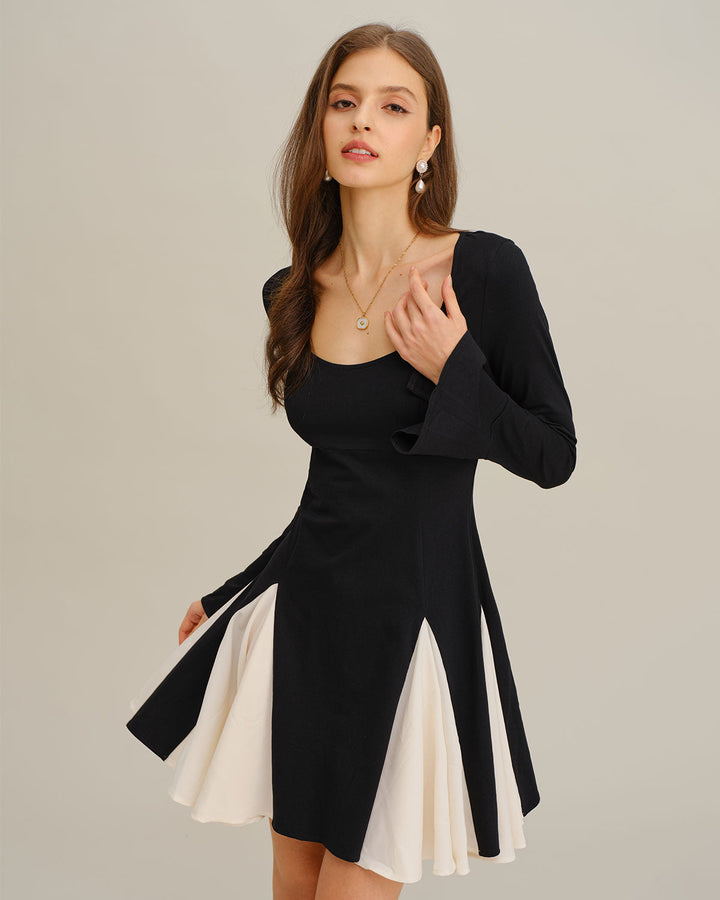 Black Contrasting Bell Sleeve Mini Dress