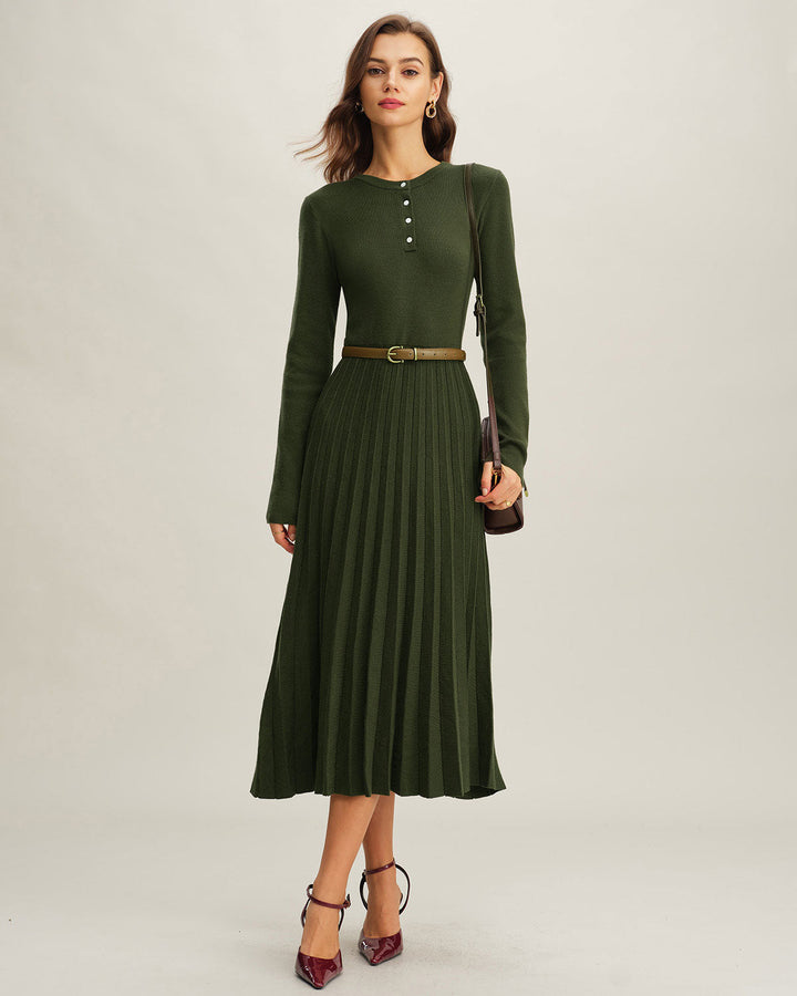 Green Round Neck Pleated Sweater Dress