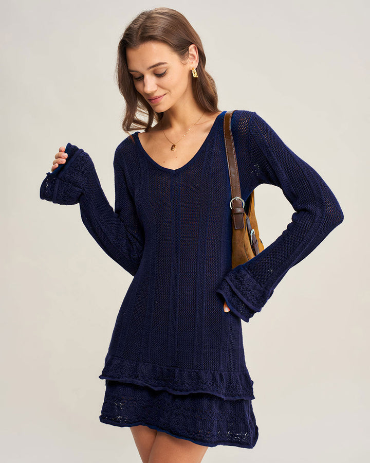 Navy A-Line V Neck Sweater Dress