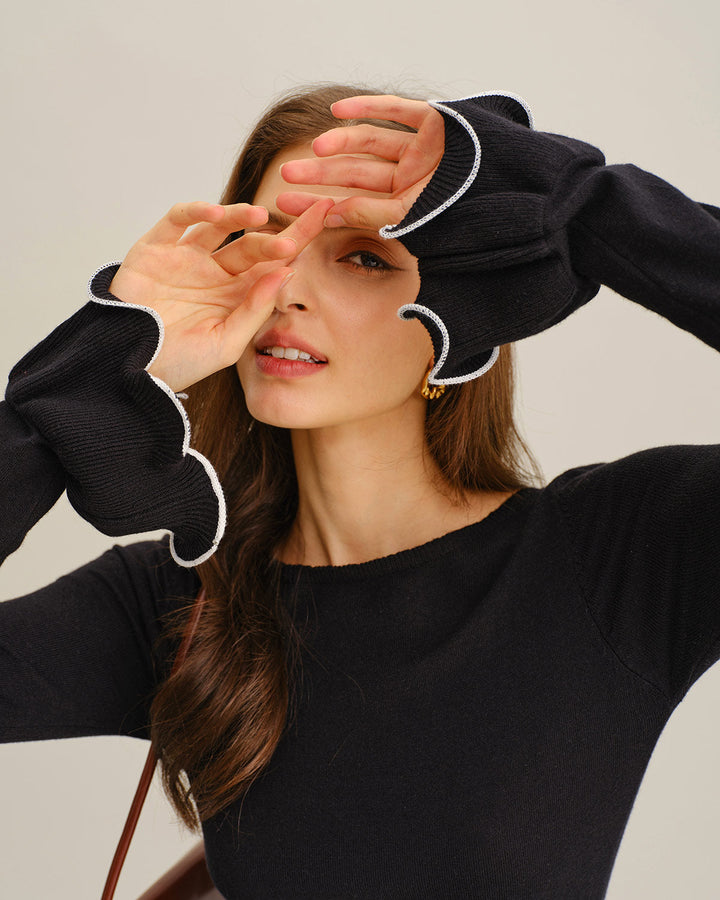 Black Contrasting Bell Sleeve Knit Sweater Dress