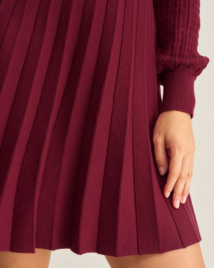 Wine Red V-Neck A-Line Sweater Dress