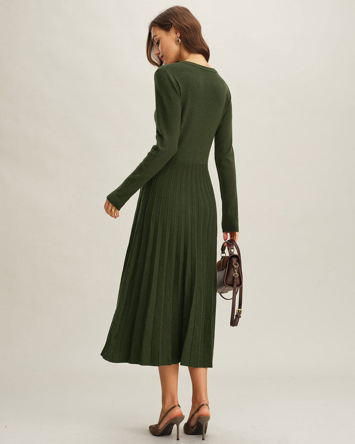 Green Round Neck Pleated Sweater Dress