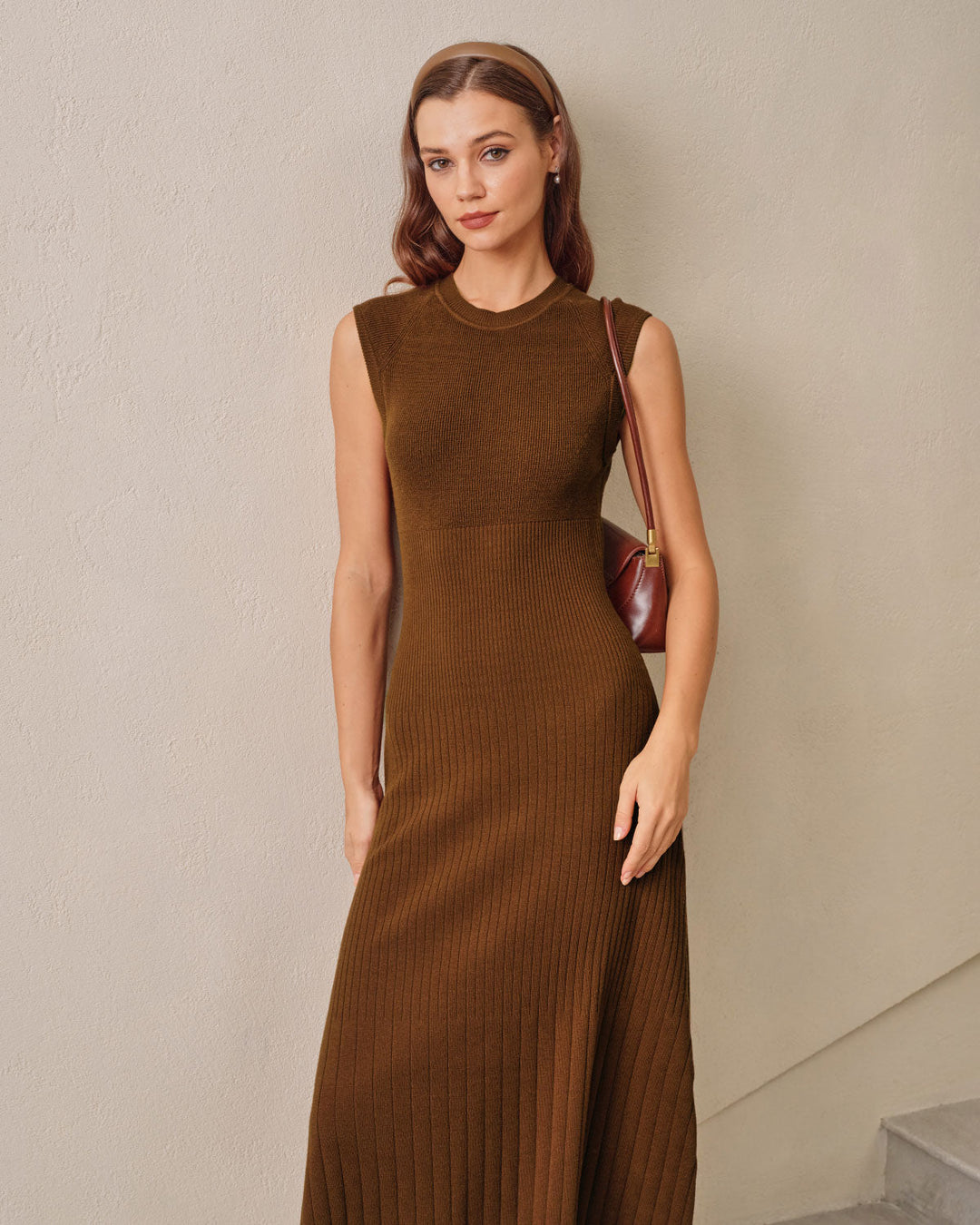 Brown A-Line Sleeveless Sweater Dress