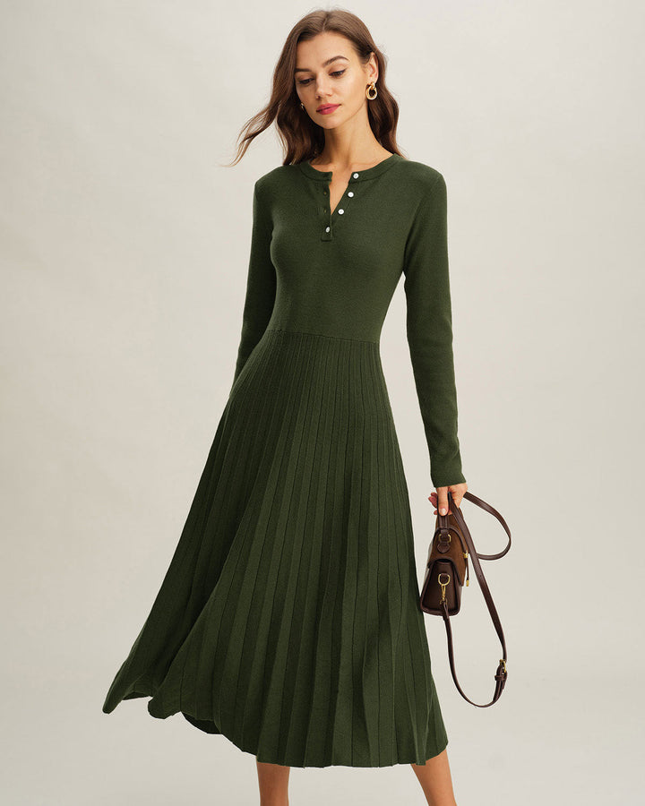 Green Round Neck Pleated Sweater Dress