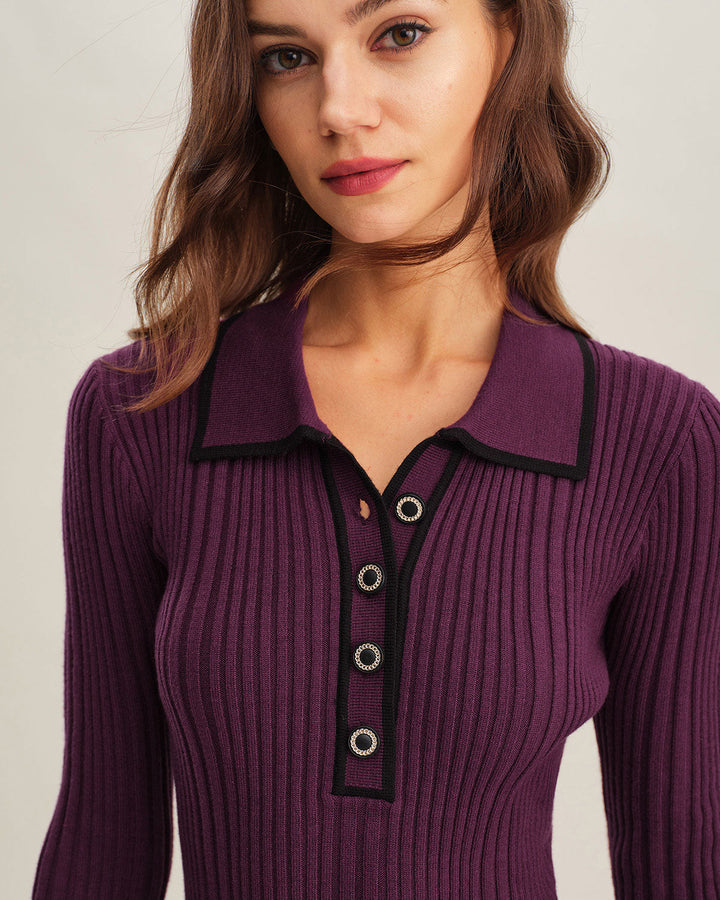 Purple  Contrasting Bell Sleeve Sweater Dress