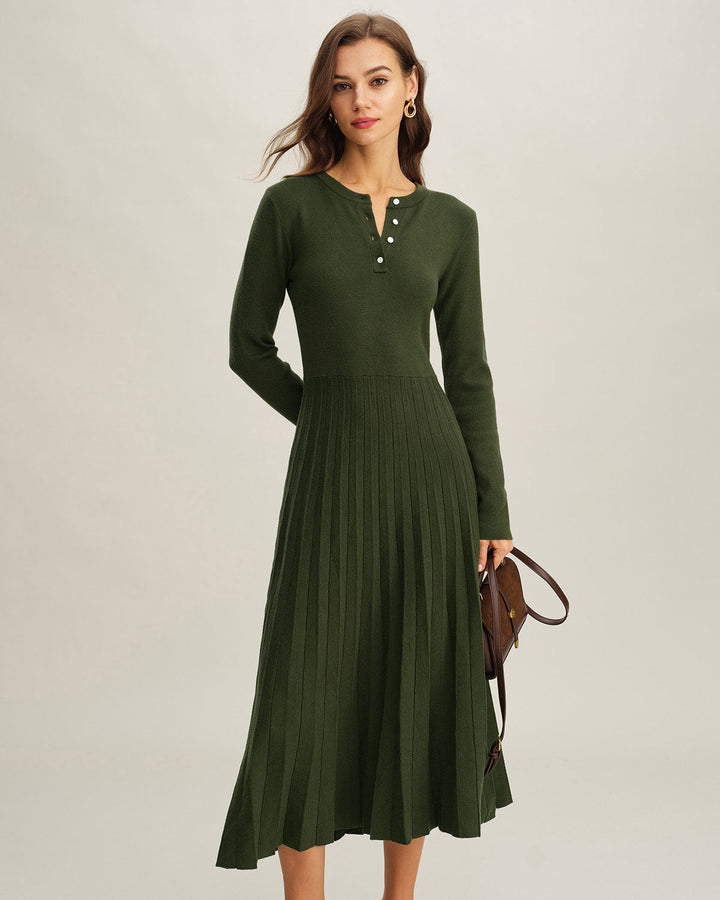 Green Round Neck Pleated Sweater Dress