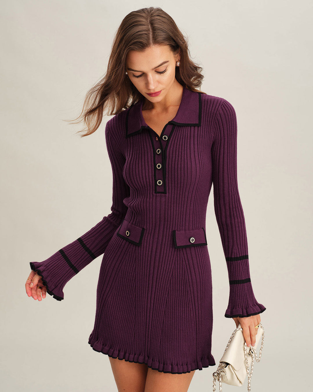 Purple  Contrasting Bell Sleeve Sweater Dress