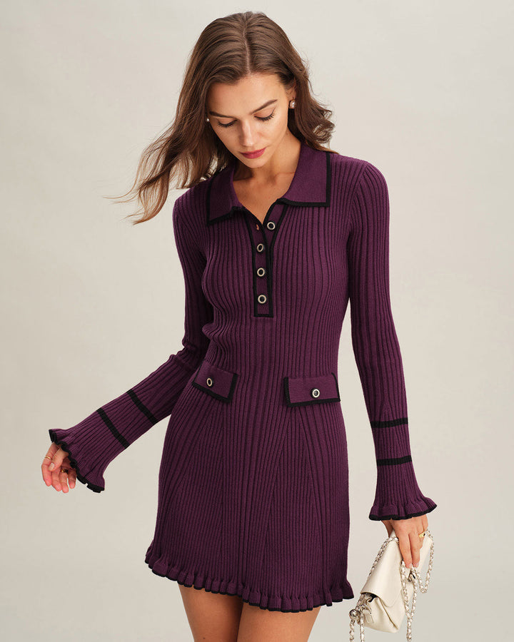 Purple  Contrasting Bell Sleeve Sweater Dress