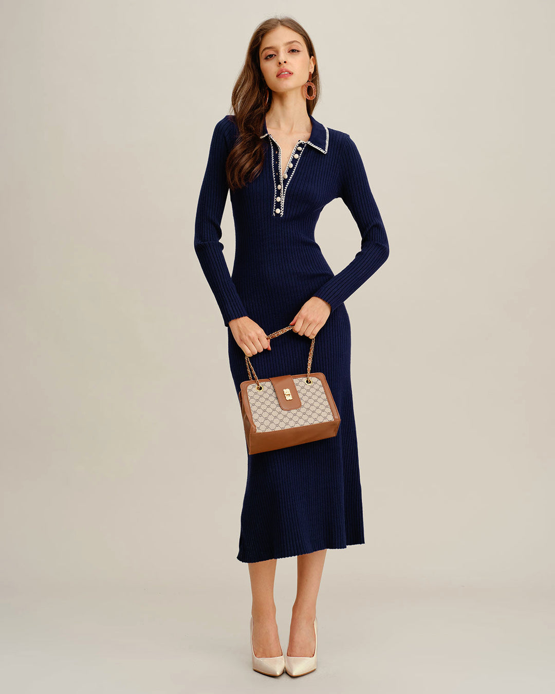 Blue Contrasting Button Sweater Dress