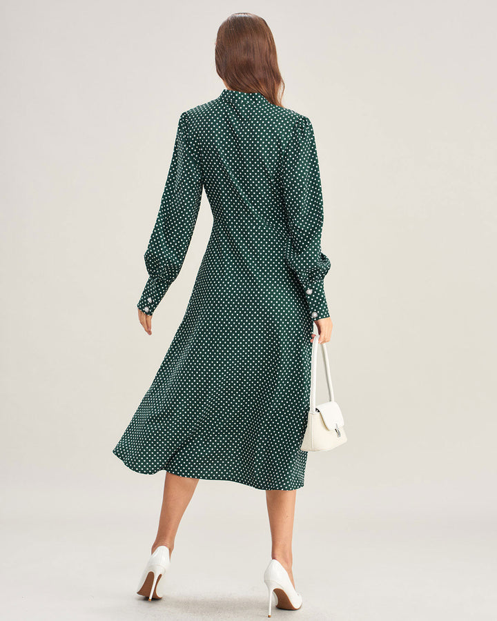 Green Polka Dot Tie Neck Midi Dress