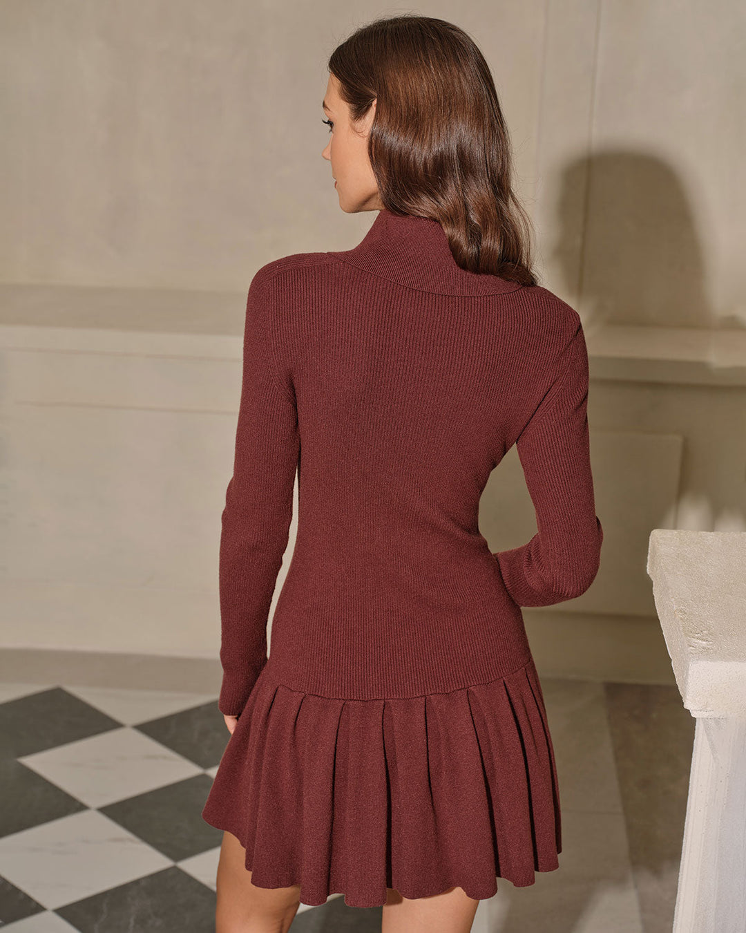 Coffee A-Line Pleated Sweater Dress