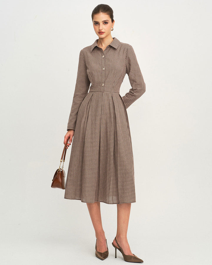 Brown Plaid A-Line Midi Dress