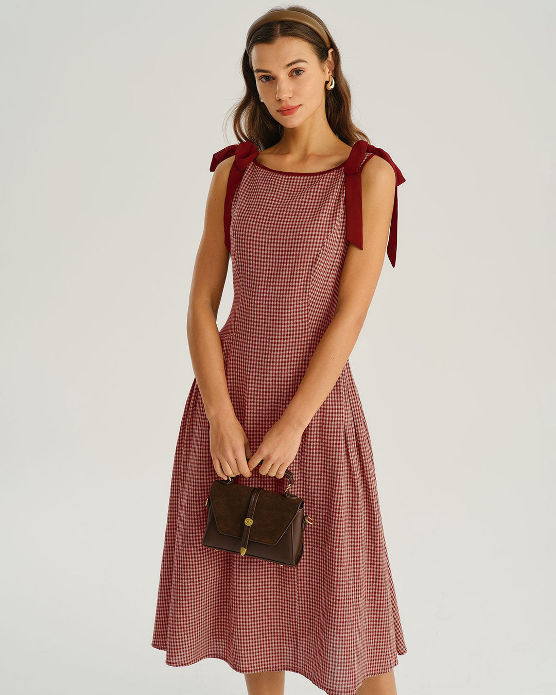 Red Plaid Tie Strap A-Line Midi Dress