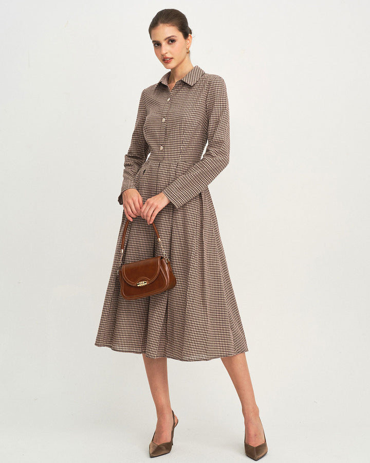Brown Plaid A-Line Midi Dress