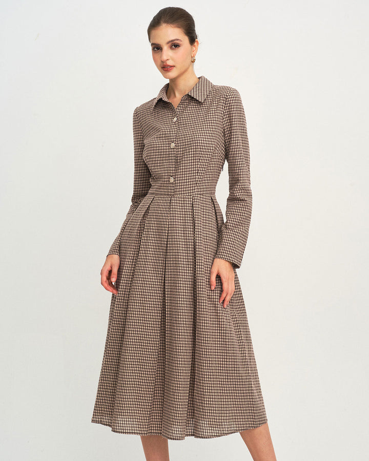 Brown Plaid A-Line Midi Dress