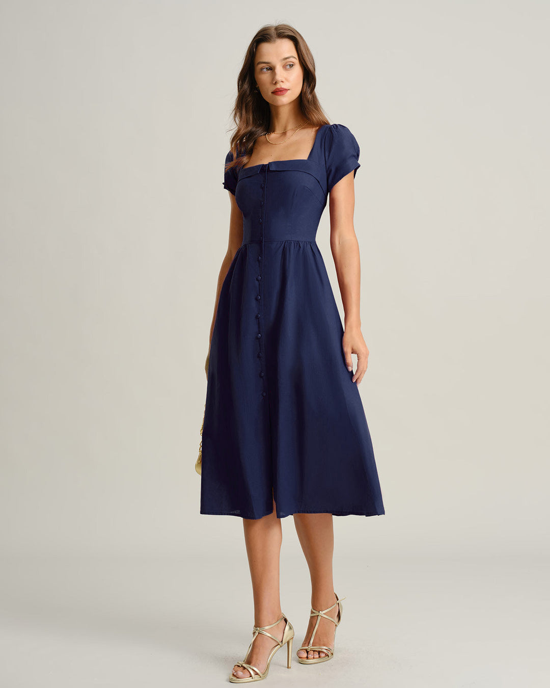 Navy Square Neck Short Sleeves A-Line Midi Dress