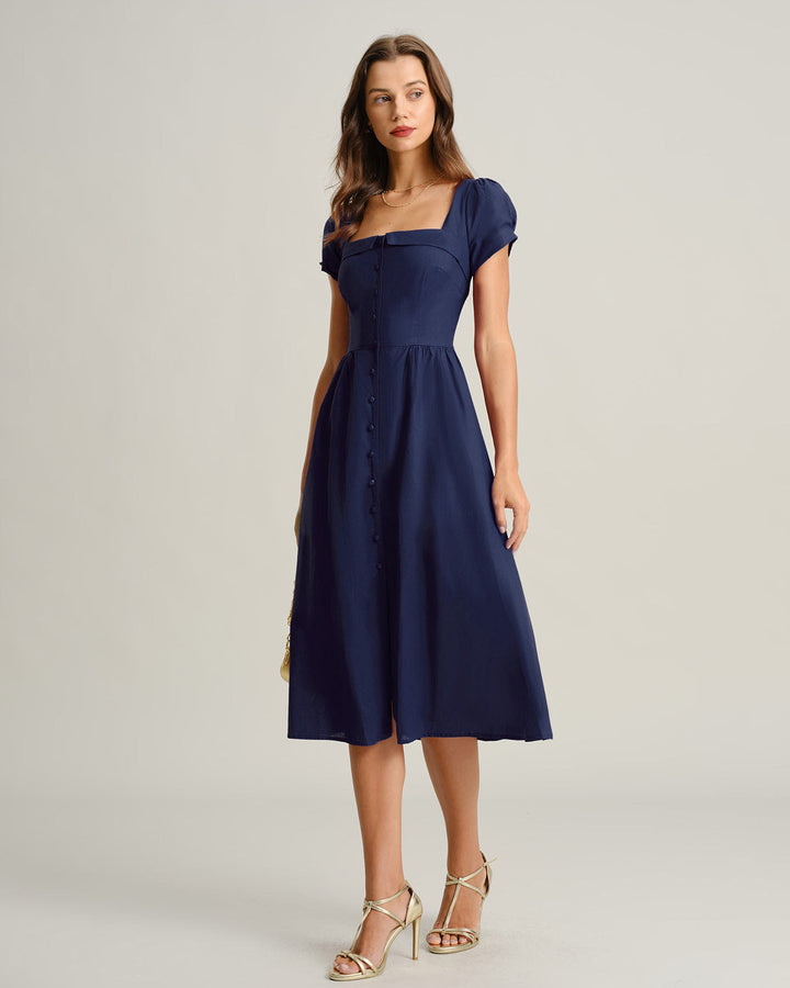 Navy Square Neck Short Sleeves A-Line Midi Dress