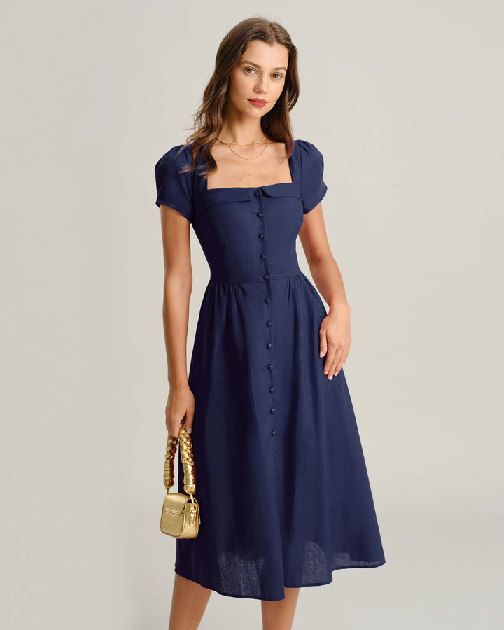 Navy Square Neck Short Sleeves A-Line Midi Dress