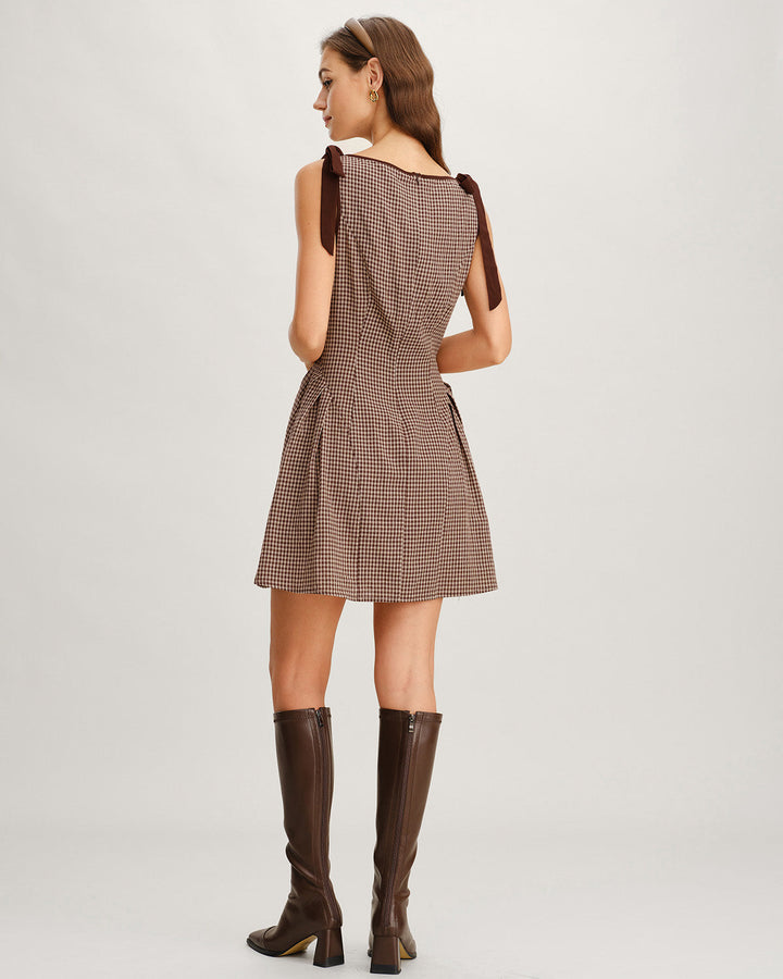 Brown Plaid Tie Strap Mini Dress