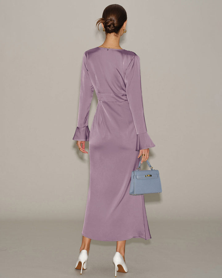 Purple Satin V Neck Bell Sleeve Maxi Dress