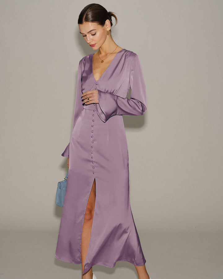 Purple Satin V Neck Bell Sleeve Maxi Dress