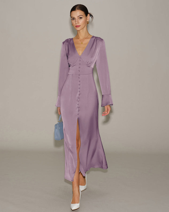 Purple Satin V Neck Bell Sleeve Maxi Dress