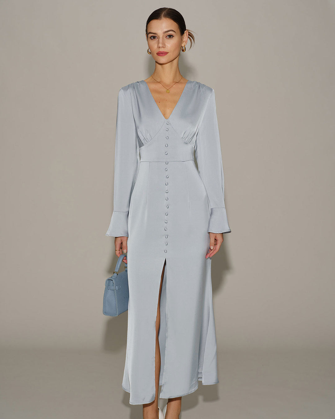 Grey Satin Bell Sleeve Maxi Dress