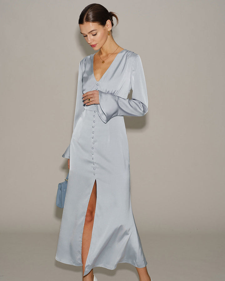 Grey Satin Bell Sleeve Maxi Dress
