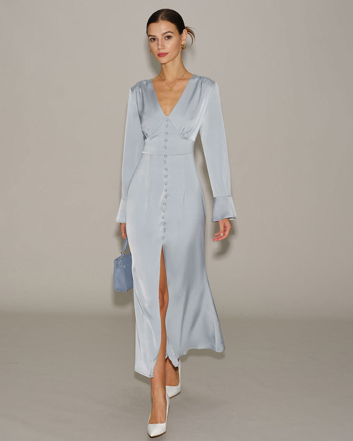 Grey Satin Bell Sleeve Maxi Dress