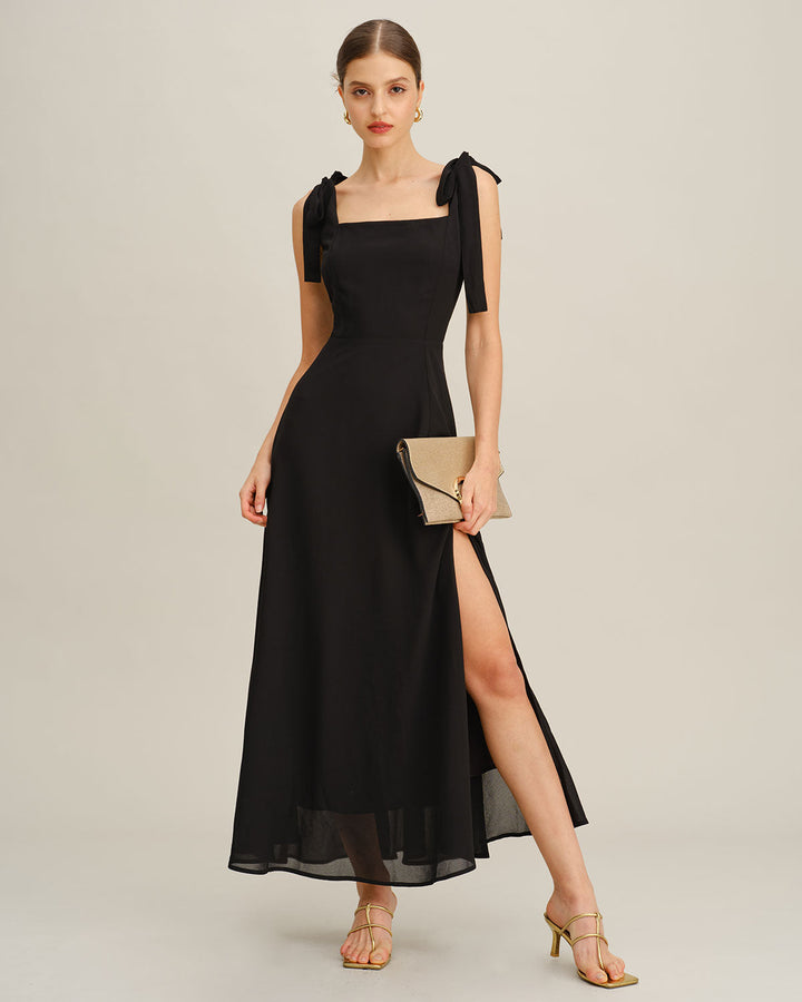 Black Chiffon Tie Strap Maxi Dress