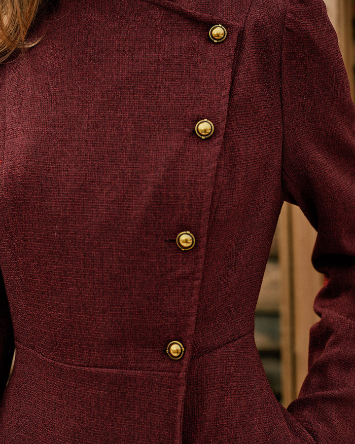 Wine Red Mock Neck Button Maxi Dress