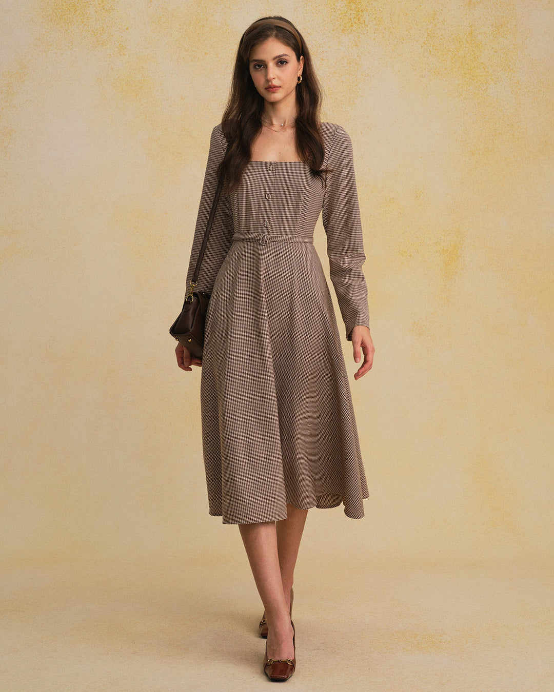 Brown Plaid Square Neck Belted Maxi Dress