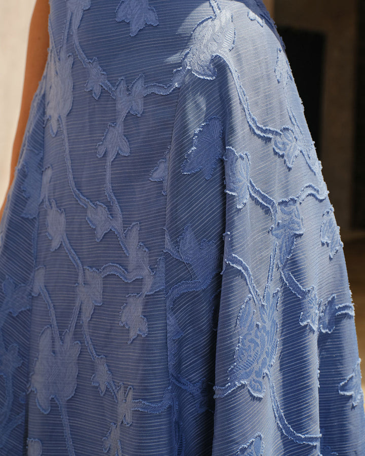 Blue Jacquard Ruched Slip Maxi Dress