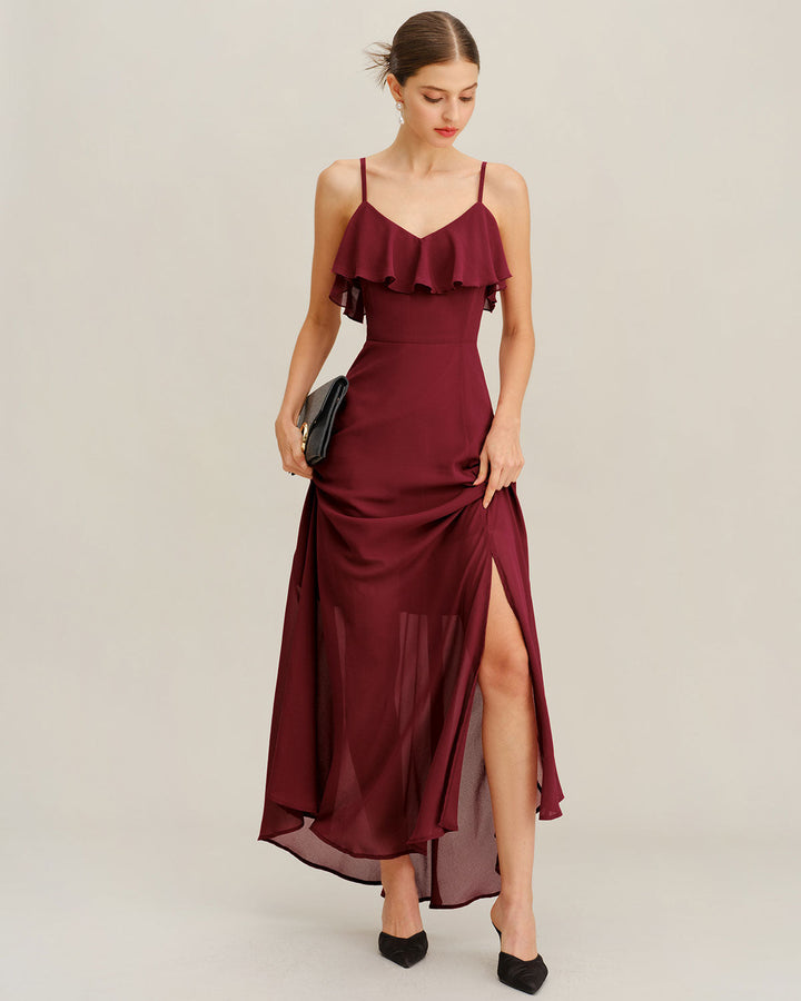 Wine Red Chiffon Ruffle Slip Maxi Dress