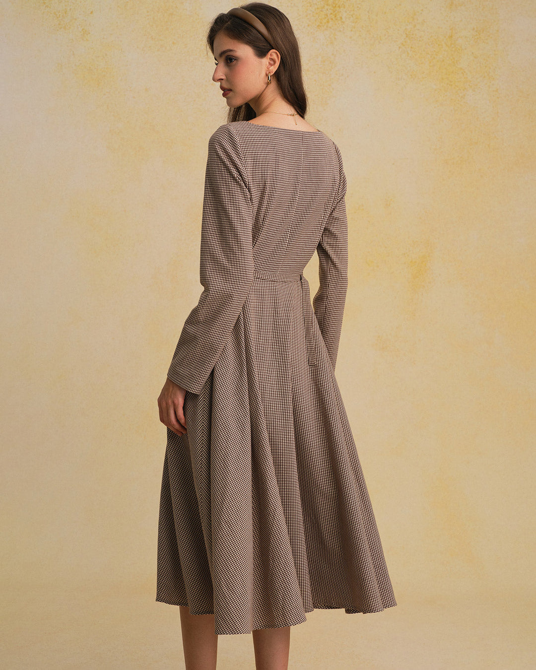 Brown Plaid Square Neck Belted Maxi Dress