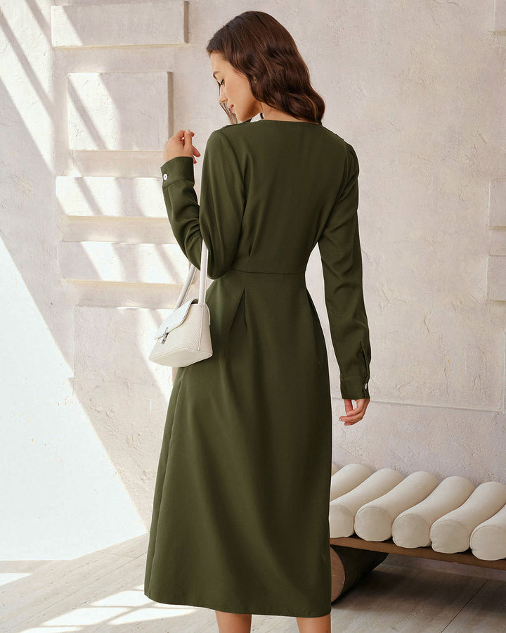 Green Ruched Button A-Line Maxi Dress