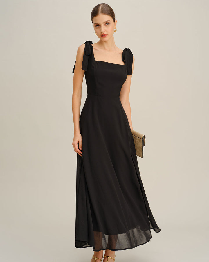 Black Chiffon Tie Strap Maxi Dress