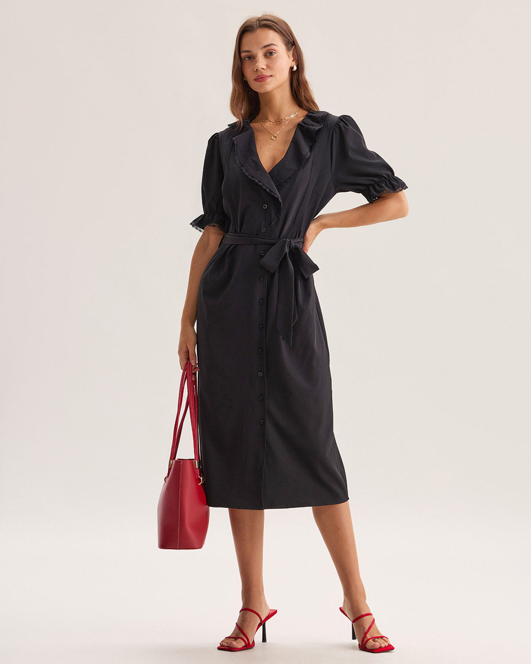 Black Ruffle Belted Maxi Dress