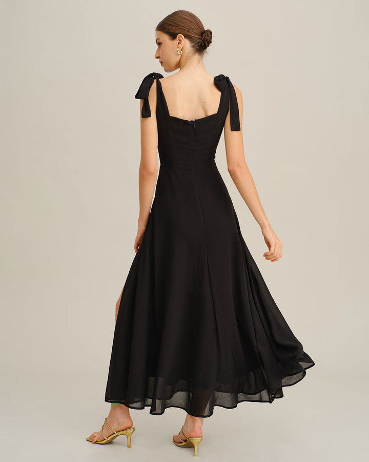 Black Chiffon Tie Strap Maxi Dress