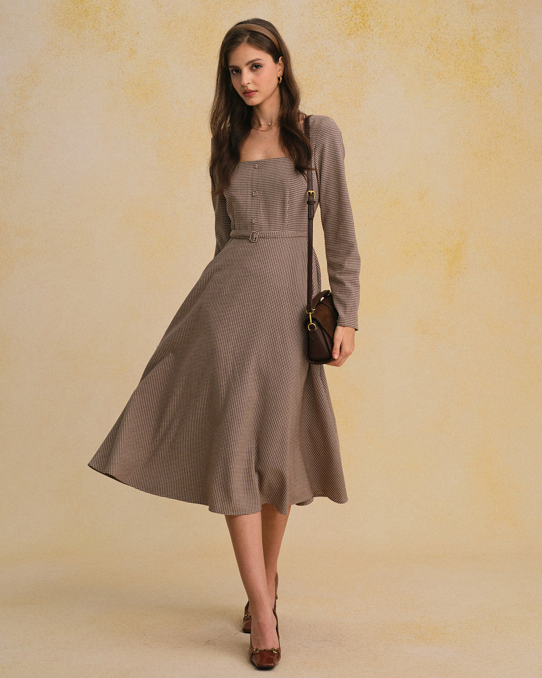 Brown Plaid Square Neck Belted Maxi Dress