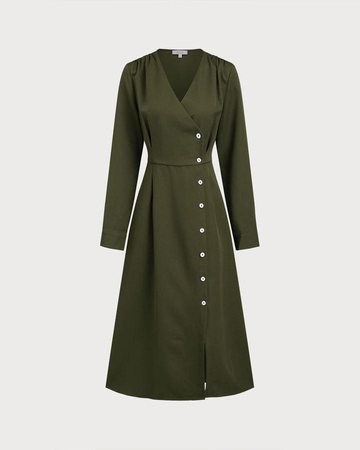 Green Ruched Button A-Line Maxi Dress