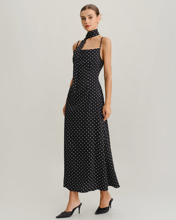 Black Polka Dot Cowl Neck Slip Maxi Dress